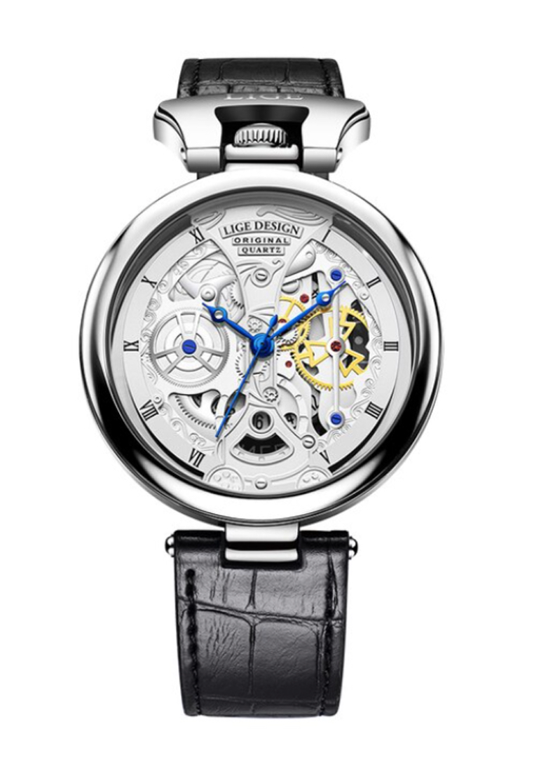 LIGE Unisex 45mm Stainless Steel Quartz Watch, Hollow Dial on Black Leather Strap