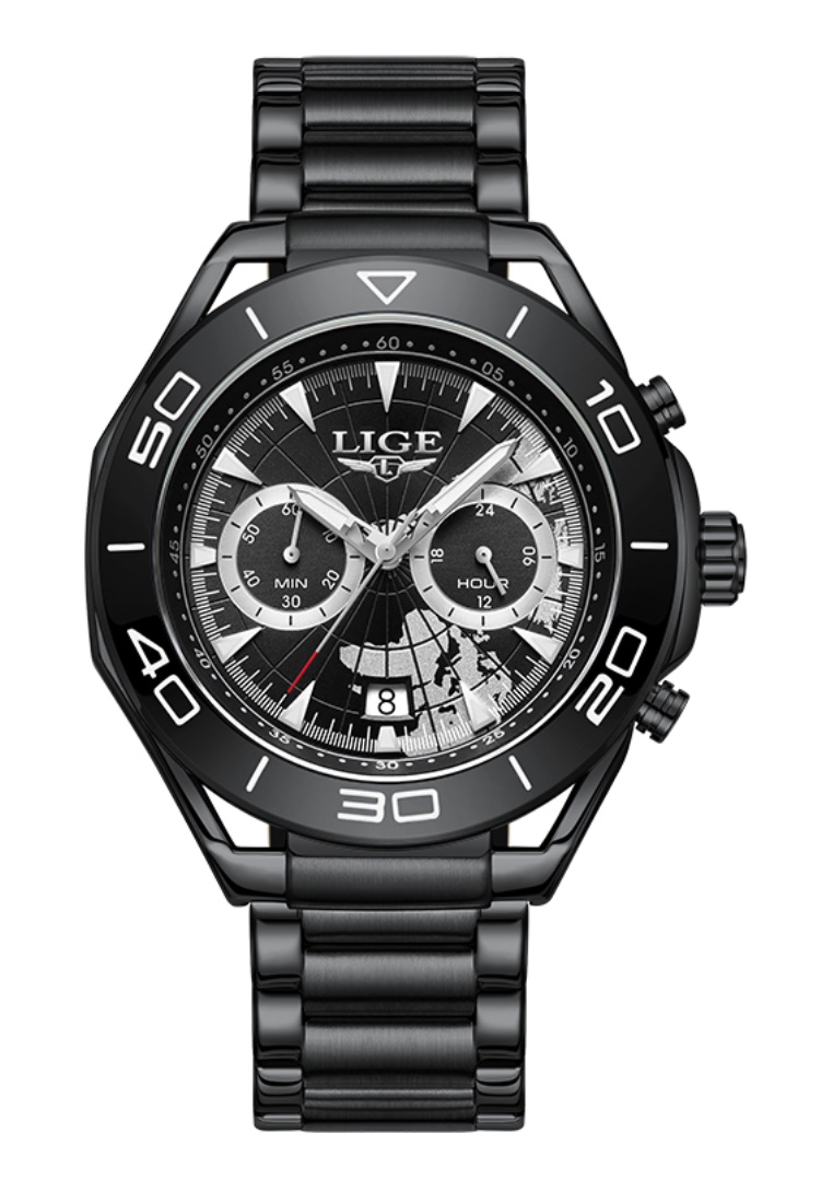 LIGE Chronograph Unisex IP Black Stainless Steel Quartz Watch, 48mm, stainless steel bracelet