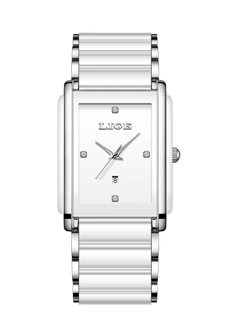 LIGE Unisex Alloy Quartz Watch, 40x30mm, White Dial, Ceramic and Metal Bracelet