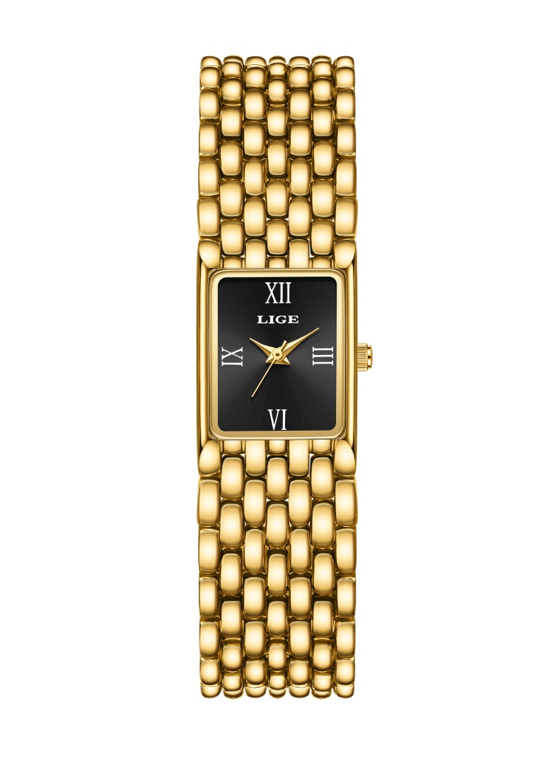 LIGE Ladies Rectangular Quartz Watch, 29X20mm, IP Gold Color Stainless Steel, Metal Bracelet