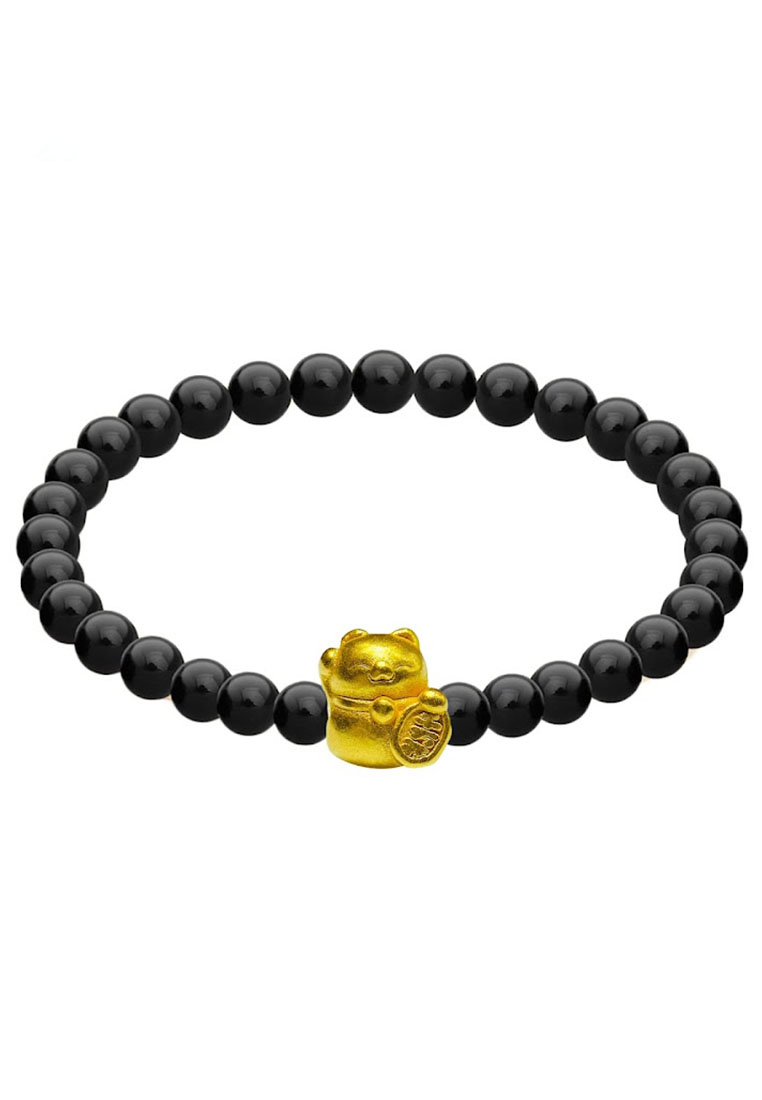 LITZ [SPECIAL] LITZ 999 (24K) Gold Lucky Cat Charm With 4mm Agate Bracelet 招财猫手链 EPC0157SS-MB-B (0.1