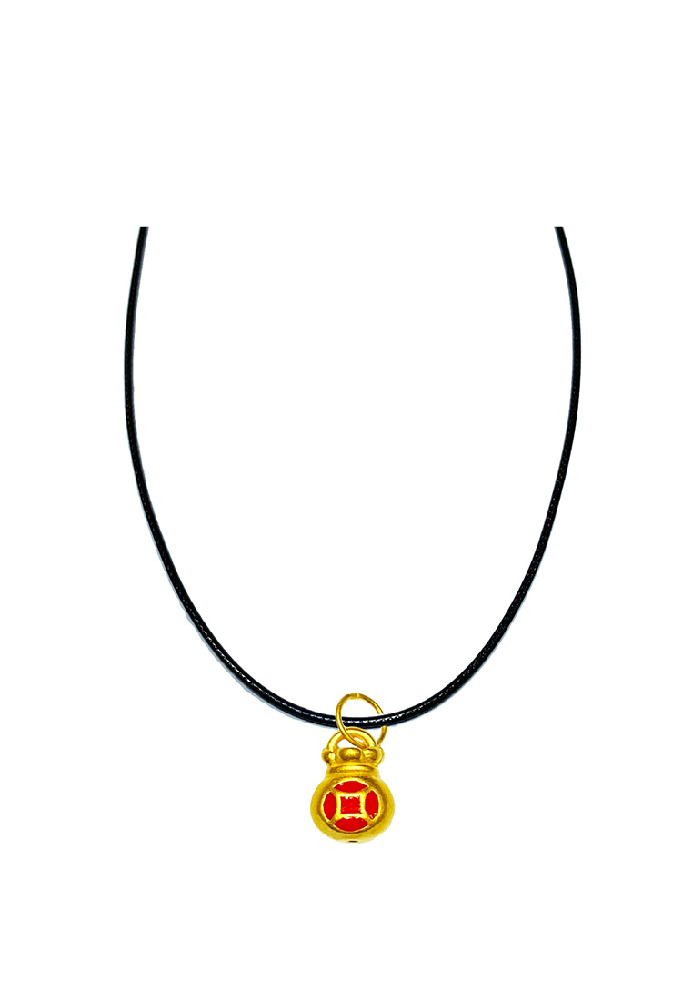 LITZ [SPECIAL] LITZ 999 (24K) Gold Money Bag Pendant with Stainless Steel Leather Choker Necklace EP