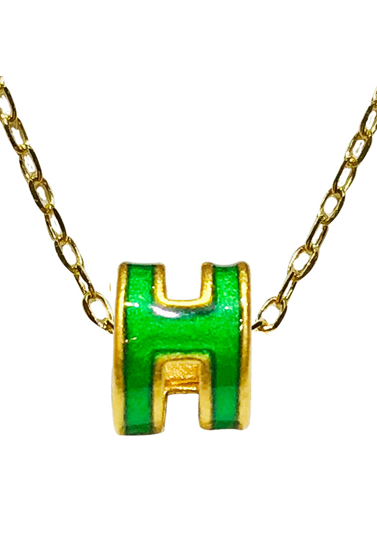 LITZ [SPECIAL] LITZ 999 (24K) Gold H Charm with 14K Gold Plated 925 Silver Chain H牌项链 EPC0926-GREEN-