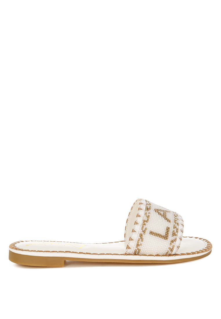 London Rag Beaded Lake Como Flat Slip Ons In Beige