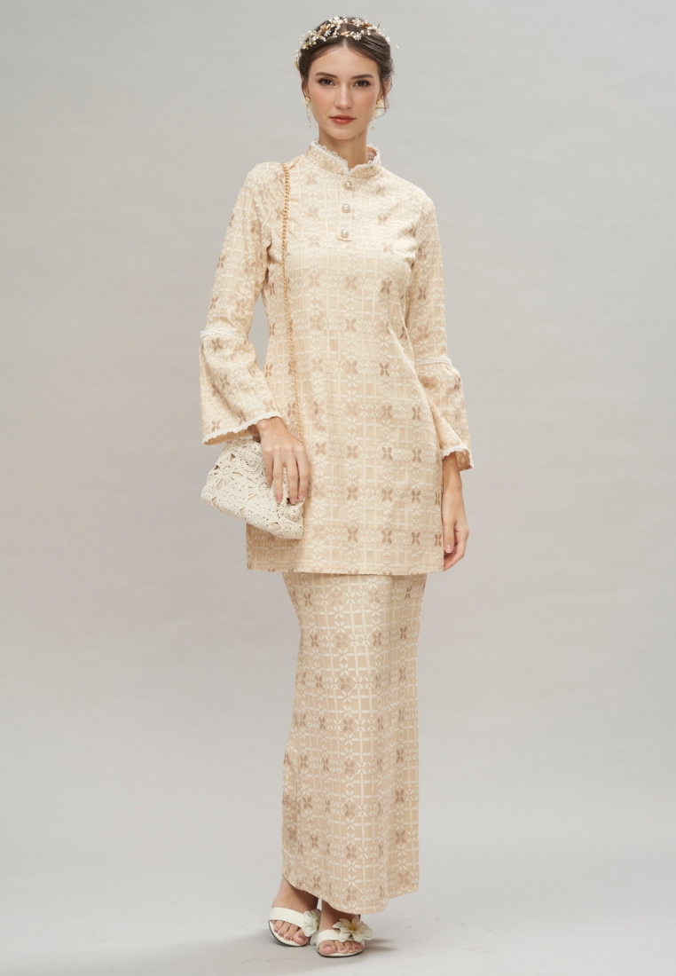 Loveaisyah High Neck Beige Checkered Lace Modern Baju Kurung Hari Raya