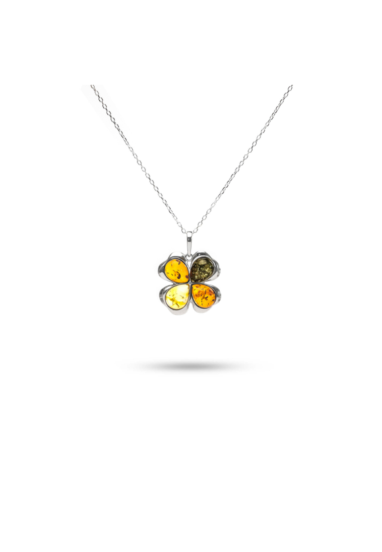 Millenne Multifaceted Baltic Amber 4 Leaf Clover Silver Pendant with 925 Sterling Silver