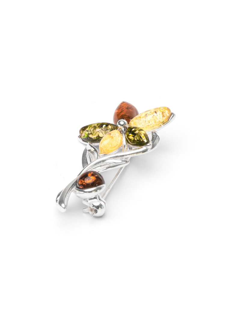 Millenne Multifaceted Baltic Amber Fresh Flower Silver Brooch with 925 Sterling Silver