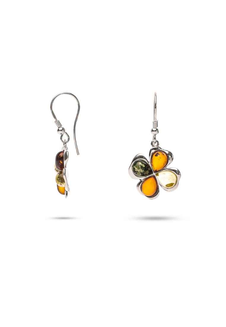 Millenne Multifaceted Baltic Amber 4 Leaf Clover Silver Hook Earrings with 925 Sterling Silver