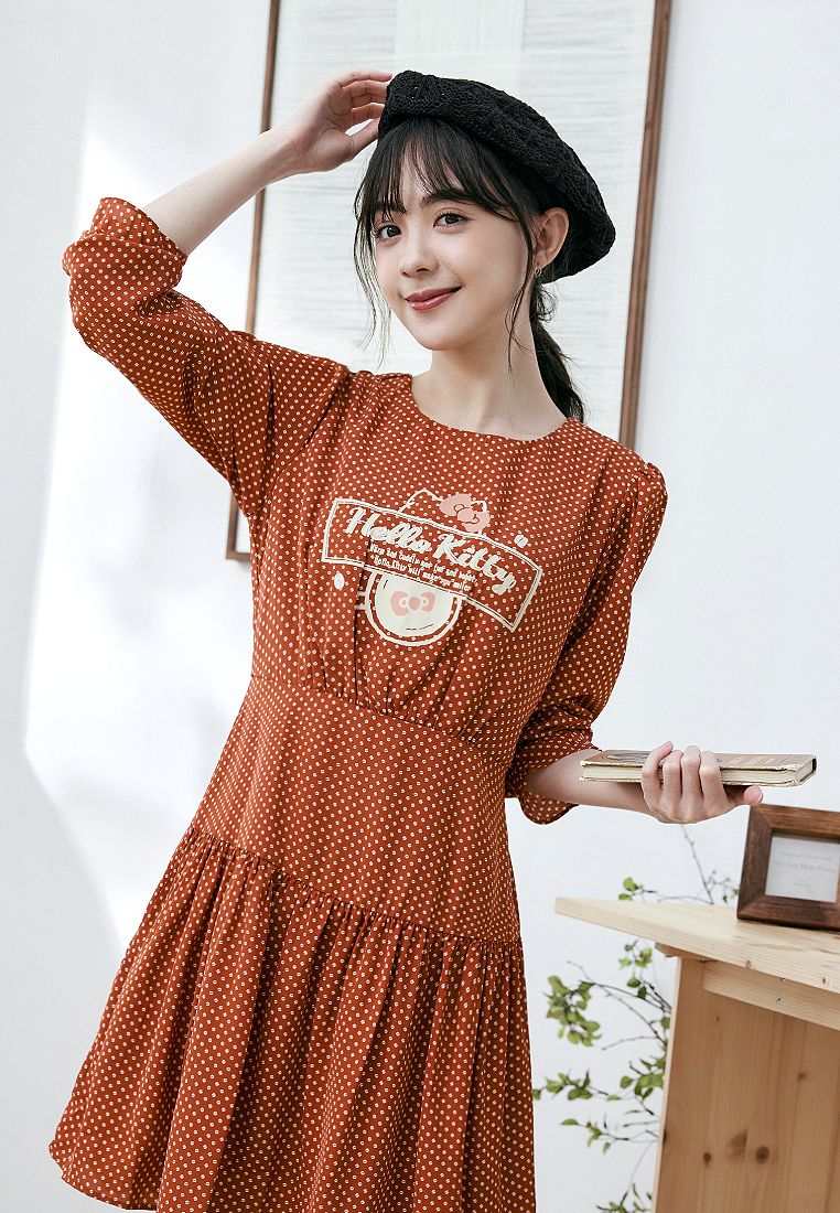 OBSTYLE HELLO KITTY Coffee Bean Polka Dot Print Long Sleeve Chiffon Mini-Midi Dress [KB1404]
