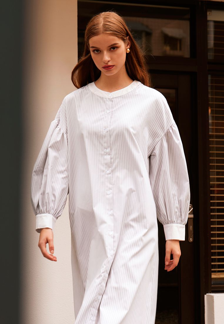OBSTYLE Striped Puff-Sleeve Long Open Top [DA9910]