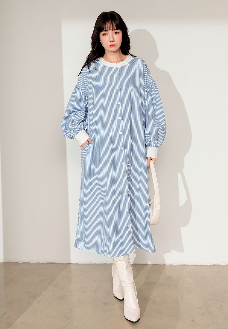 OBSTYLE Striped Puff-Sleeve Long Open Top [DA9910]