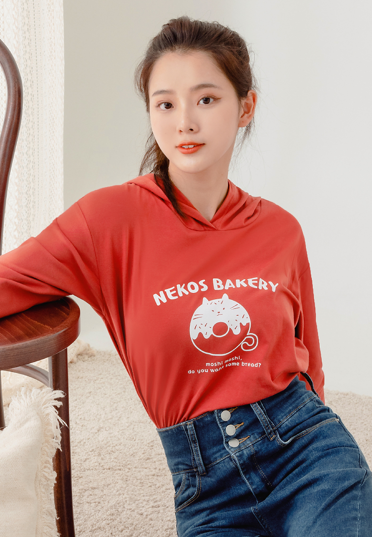 OBSTYLE Cute Cat Print Hooded Top [AB17836]