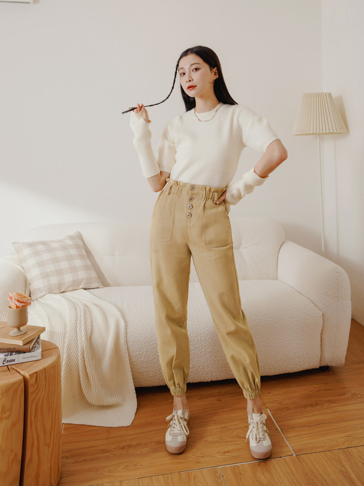 OBSTYLE Pure Cotton Bud Loose Waist Drawstring Long Pants [BA7340]