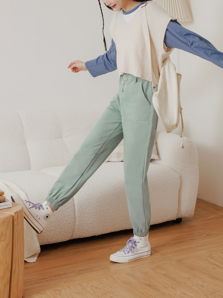 OBSTYLE Pure Cotton Bud Loose Waist Drawstring Long Pants [BA7340]