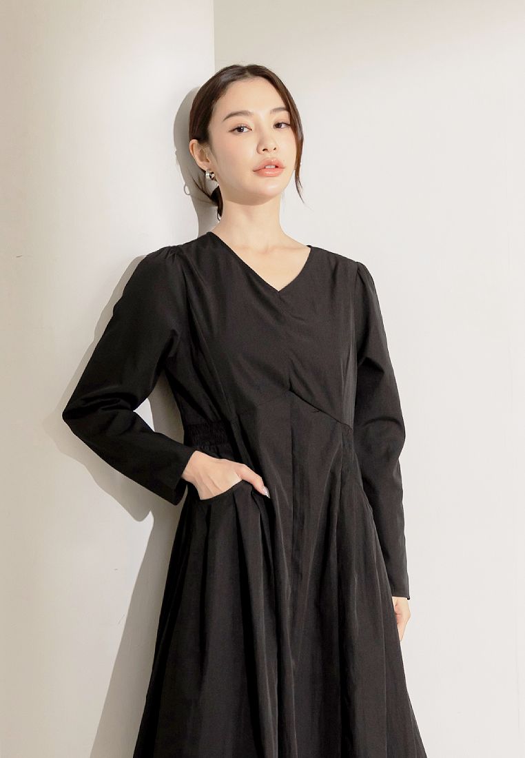 OBSTYLE V-Neck A-Line Midi Dress with Waist Tie and Pockets [DA10269]