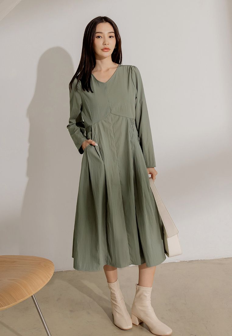 OBSTYLE V-Neck A-Line Midi Dress with Waist Tie and Pockets [DA10269]