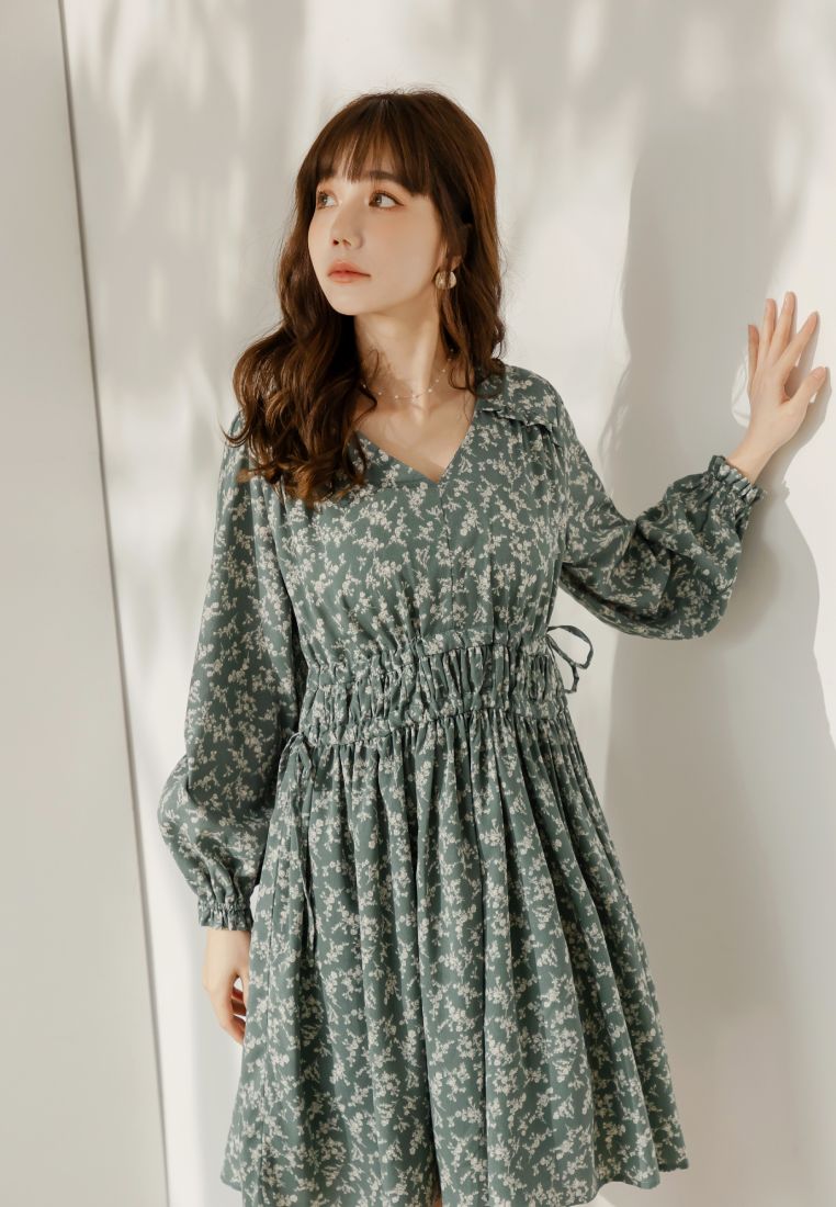 OBSTYLE Floral Asymmetric Drawstring Dress [DA10325]