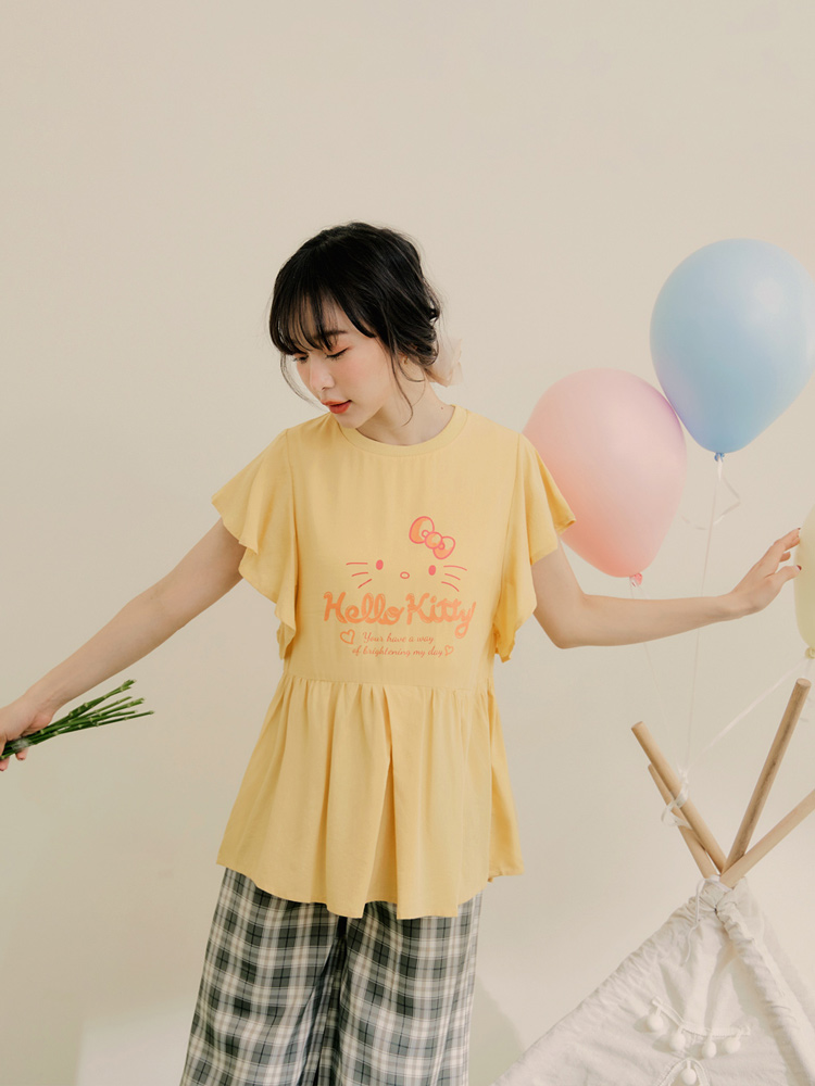 OBSTYLE KITTY Ruffle Sleeve Slimming Pleated Top [KB1374]