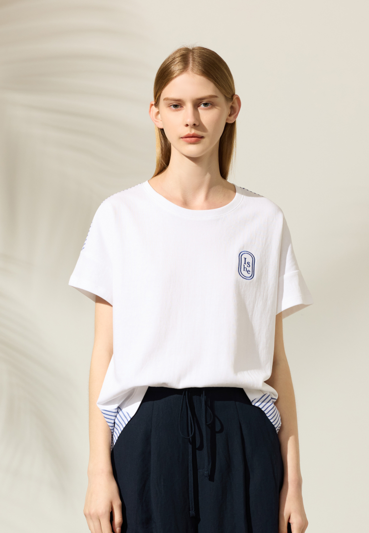 OBSTYLE Contrast Fabric Striped Embroidered Loose Top [HA0198]