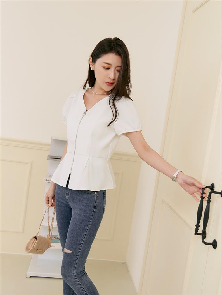 OBSTYLE Small V-face．V-neck Drawstring Short Sleeve Zipper Top [AB18324]