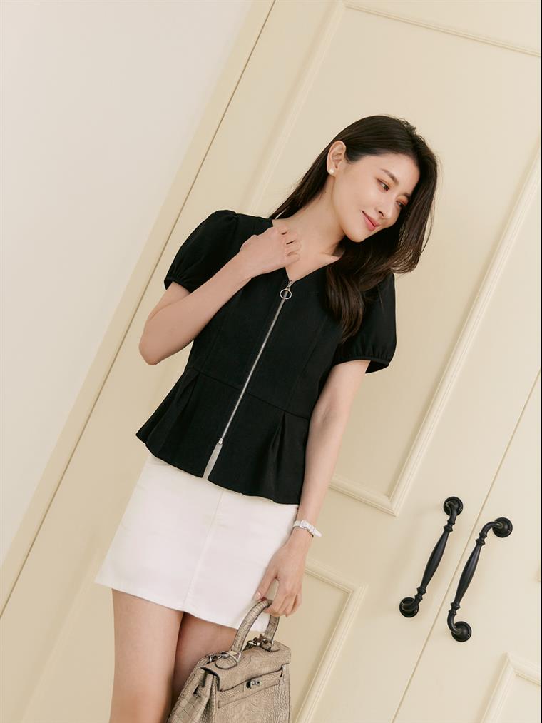 OBSTYLE Small V-face．V-neck Drawstring Short Sleeve Zipper Top [AB18324]