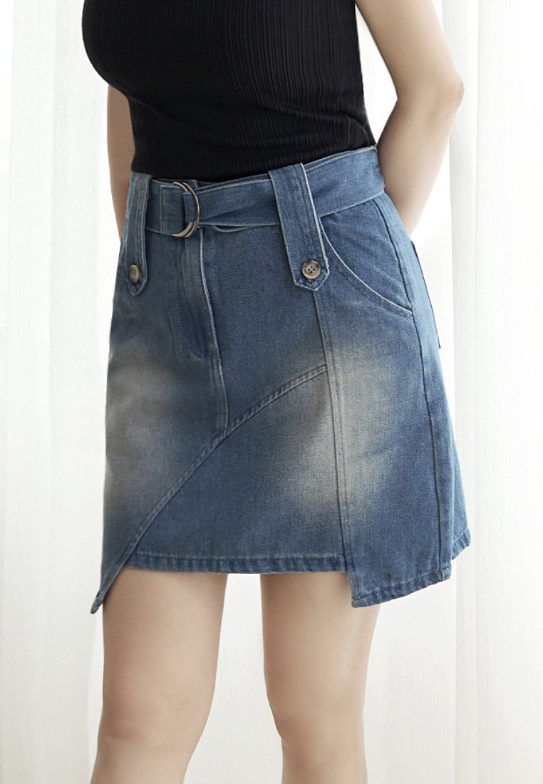 OBSTYLE Washed Cotton A-Line Asymmetrical Denim Skirt with Belt [CA2898]