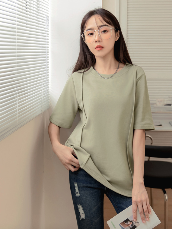 OBSTYLE Pure Cotton Texture Heavy Pound Pleated Short Sleeve Loose Top T [AB17507]