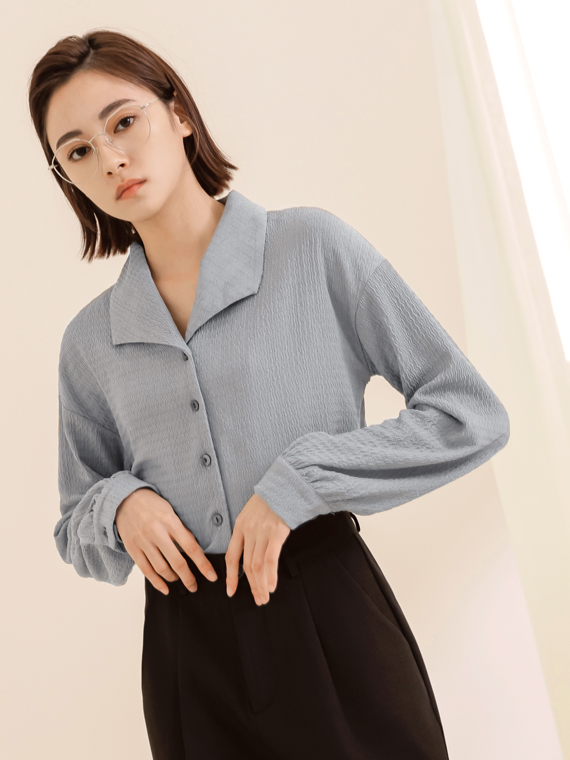 OBSTYLE 3D Texture Knitted Turnover Collar Open Front Top [AB17582]