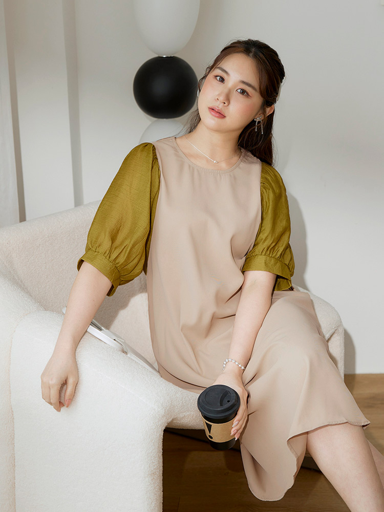 OBSTYLE Color-Blocked Back Cut-Out Puff Sleeve Dress [DA9599]