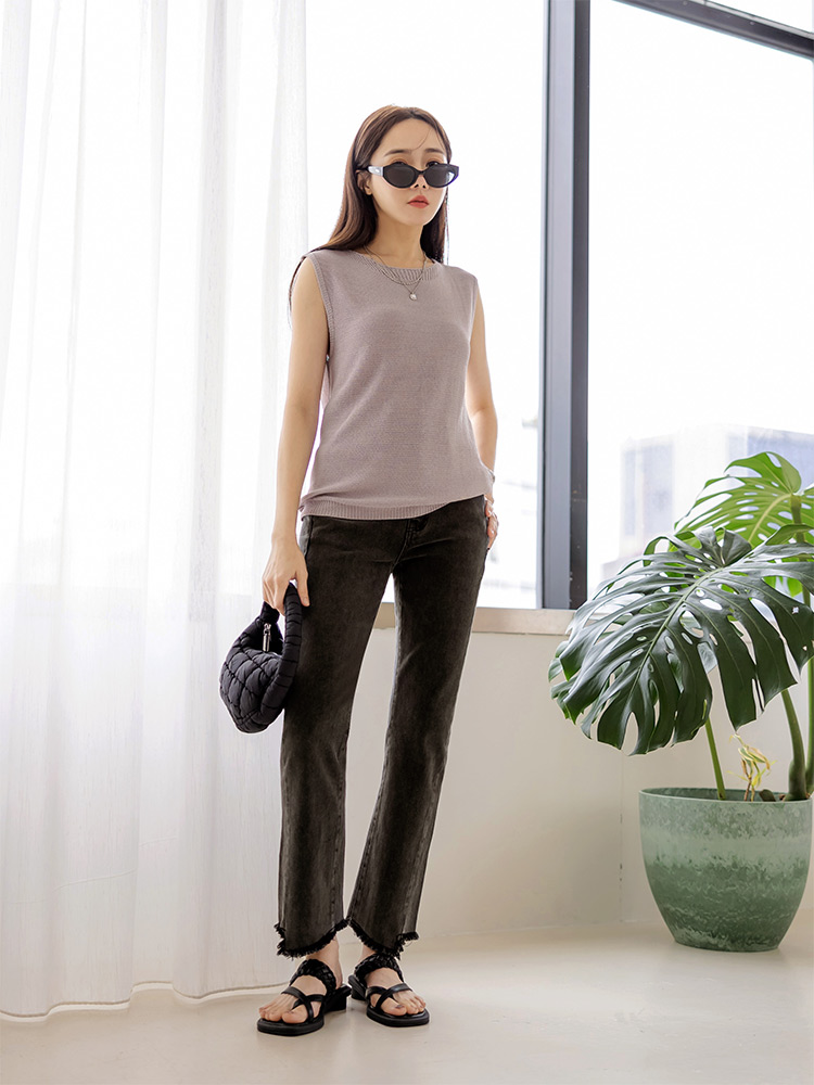 OBSTYLE Distressed hem high-waisted stretch denim jeans [BA7502]