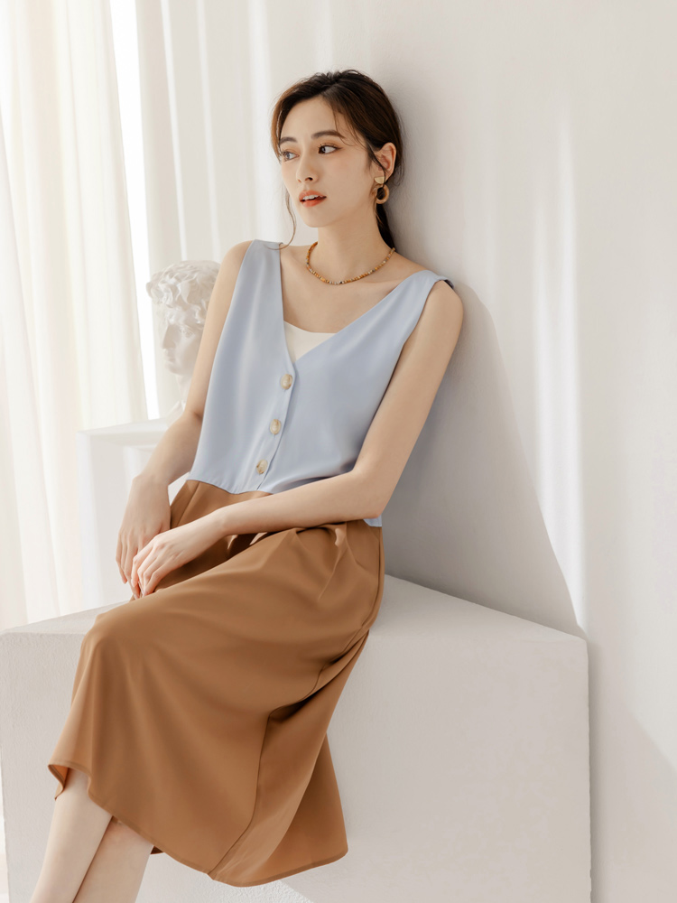 OBSTYLE Color Block V-neck Sleeveless Dress [DA10043]