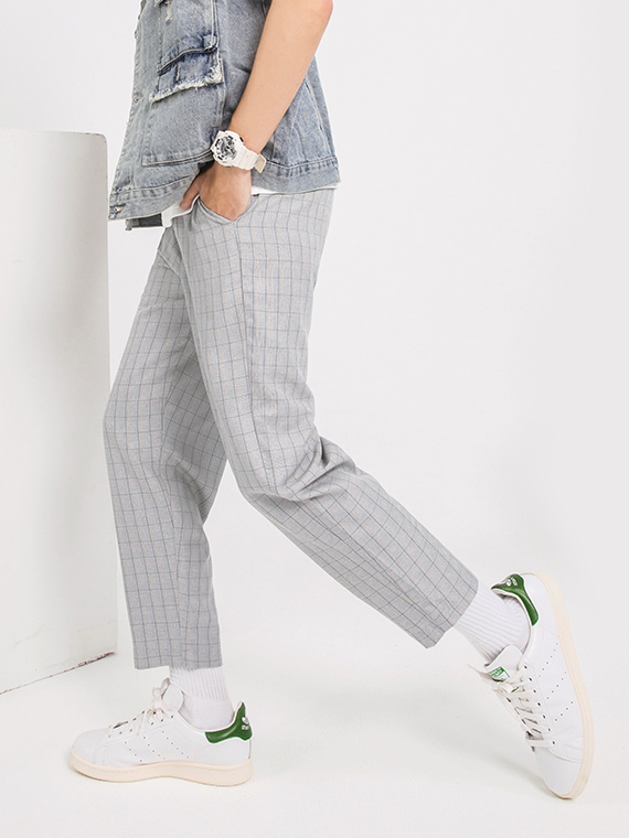OBSTYLE Thin Skin-Touch Cool Sensation Plaid Elastic Waist Drawstring Long Pants [KL1539]