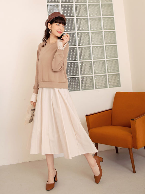 OBSTYLE Textured Faux Two-Piece Knitted Belted Middle Dress [DA8265]