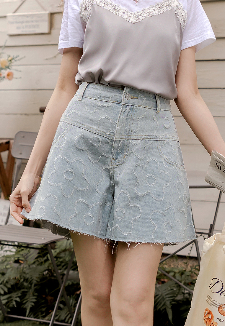 OBSTYLE Textured Floral A-Line Cotton Denim Shorts [BA7490]