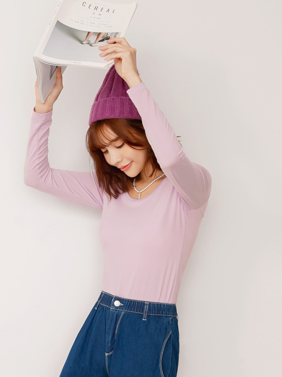 OBSTYLE 2.7-degree Water+ water-feel super elastic solid color round-neck thermal top [KG1419]