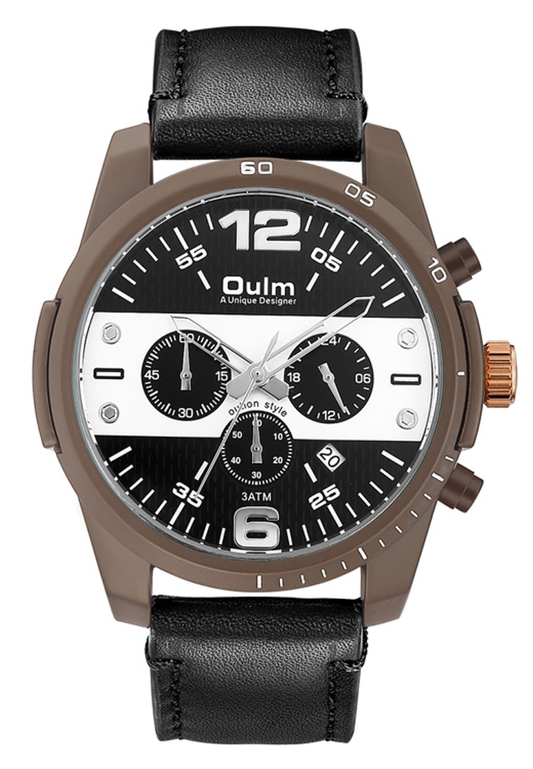 OULM Large Men's Quartz Watch - 45x47mm - IP Bronze Steel case, Black Dial, Black Strap