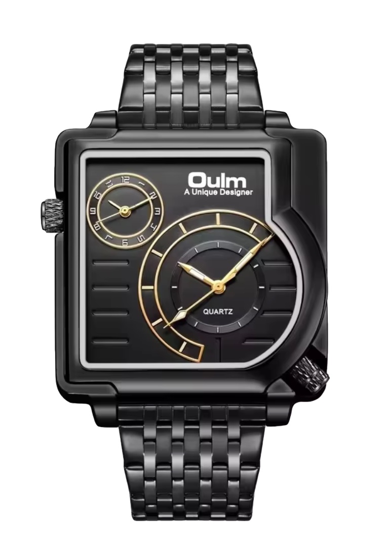 OULM Large Men's Quartz Watch - 48x48mm - IP Black Stainless Steel Watch Case, Black Dial, Metal Bra