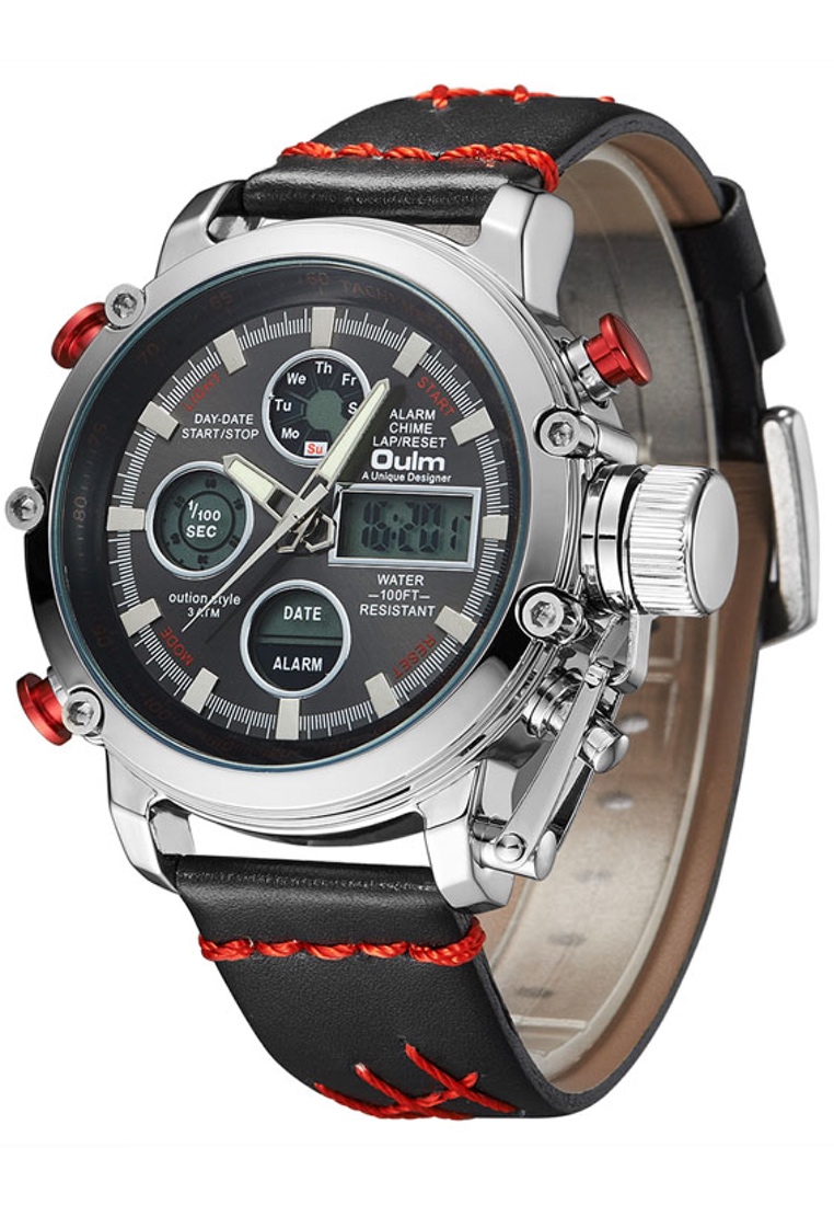 OULM Large Men's Quartz Watch - 47x47mm - Steel case, Black Dial, Black/Red Strap