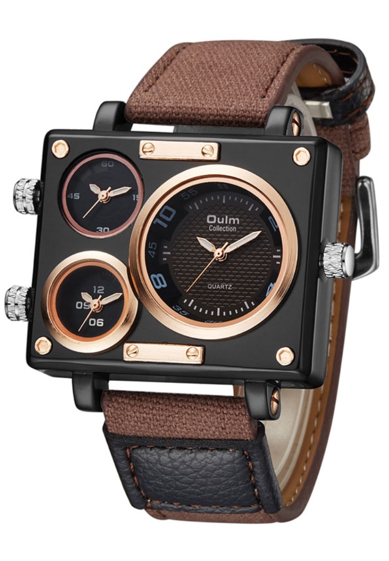 OULM Large Men's Quartz Watch - 41x50mm - IP Black Steel case, Black Dial, Brown strap