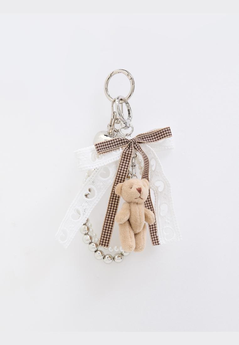 Pomelo Plush Teddy Bear & Lace Bow Bag Charm with Faux Pearl and Metallic Beads - Brown