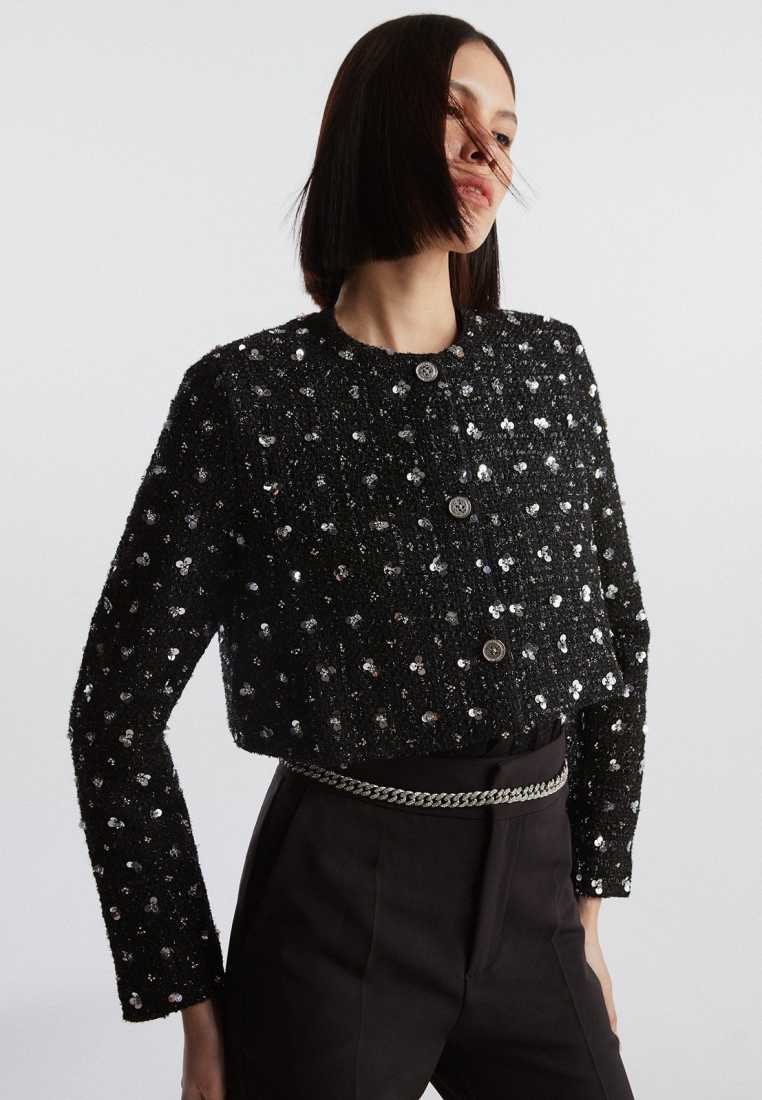 Pomelo Floral Sequin Embellished Cropped Tweed Jacket - Black