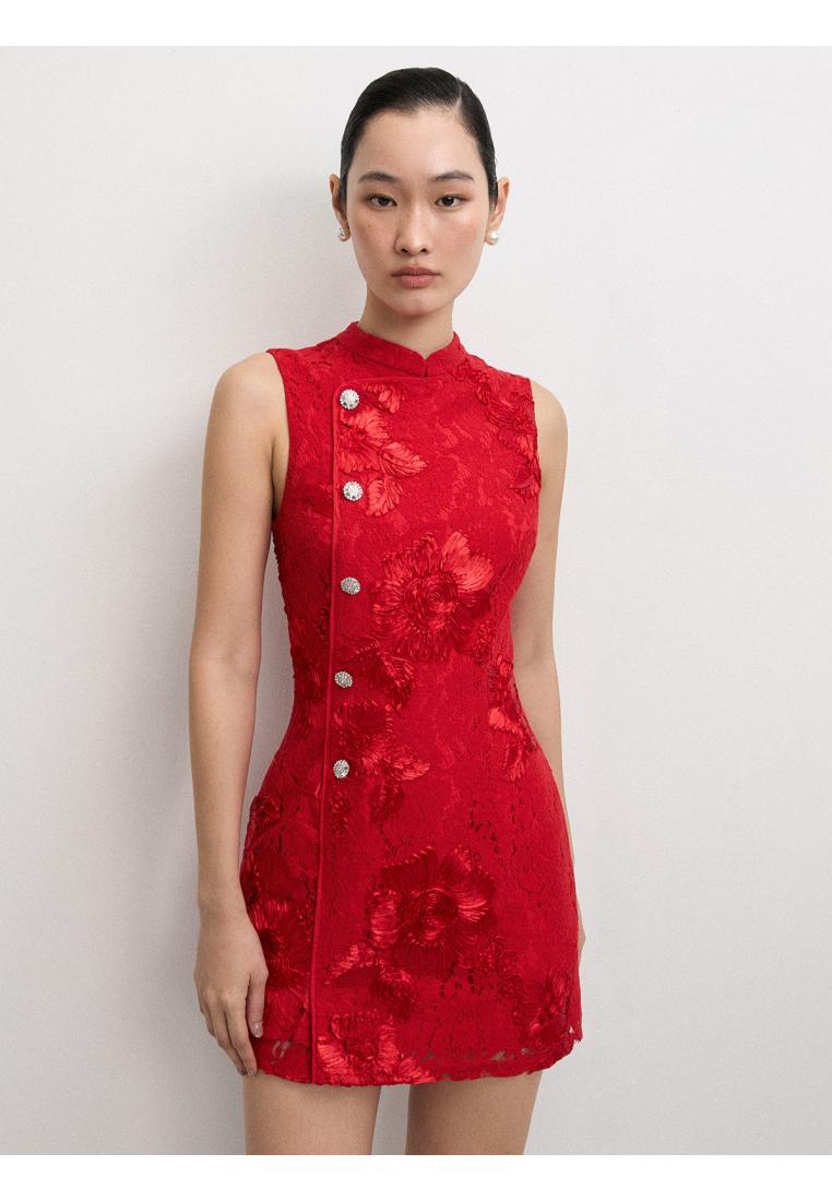 Pomelo Crystal Buttons Lace Mini Dress - Red