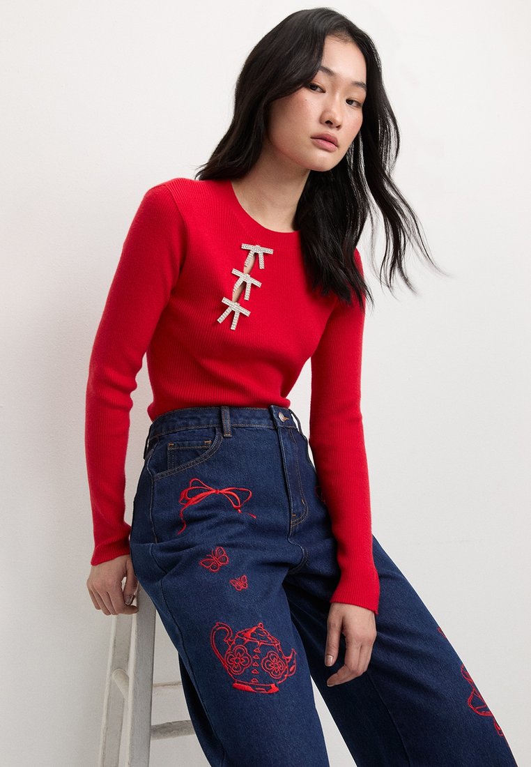 Pomelo Crystal Bow Knit Top - Red