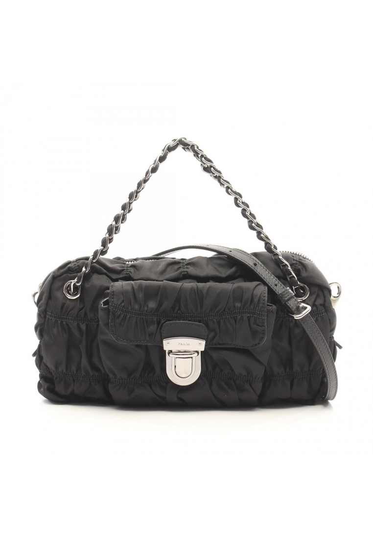 Prada Pre-Loved Prada TESSUTO GAUFRE' Gather 2WAY chain handbag Nylon Saffiano leather black
