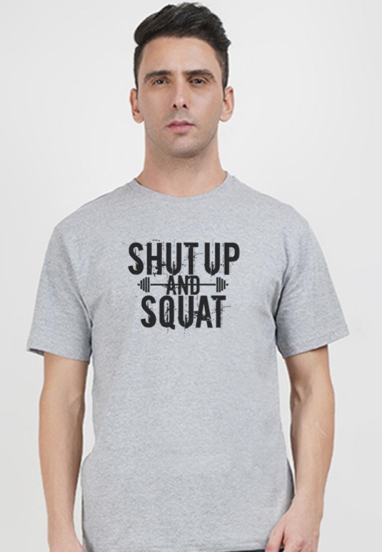 QuirkyT Shut up and Squat Grey Cotton Short Sleeve Crew Neck Workout/Training Tee