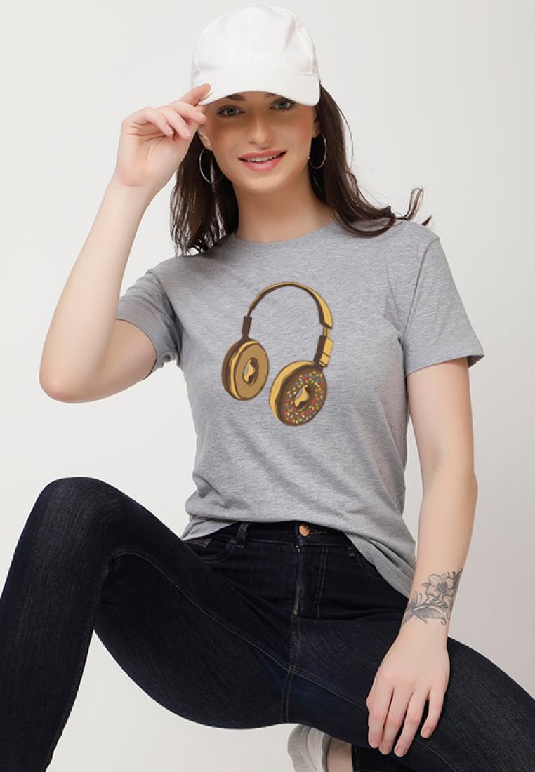 QuirkyT Headphone Donut Relaxed Short Sleeve Stylish Grey Cotton Casual Graphic Print Tee/TShirt