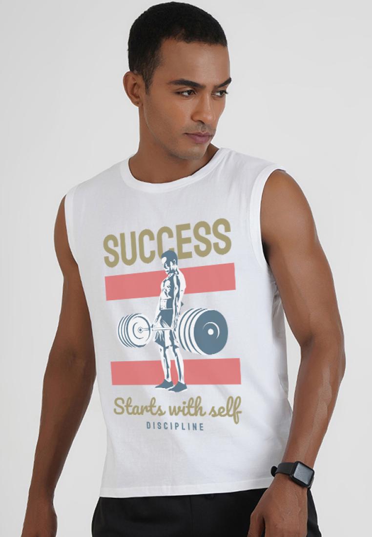 QuirkyT Sucess Starts Here White Graphic Sleeveless Gym workout Tank/Vest