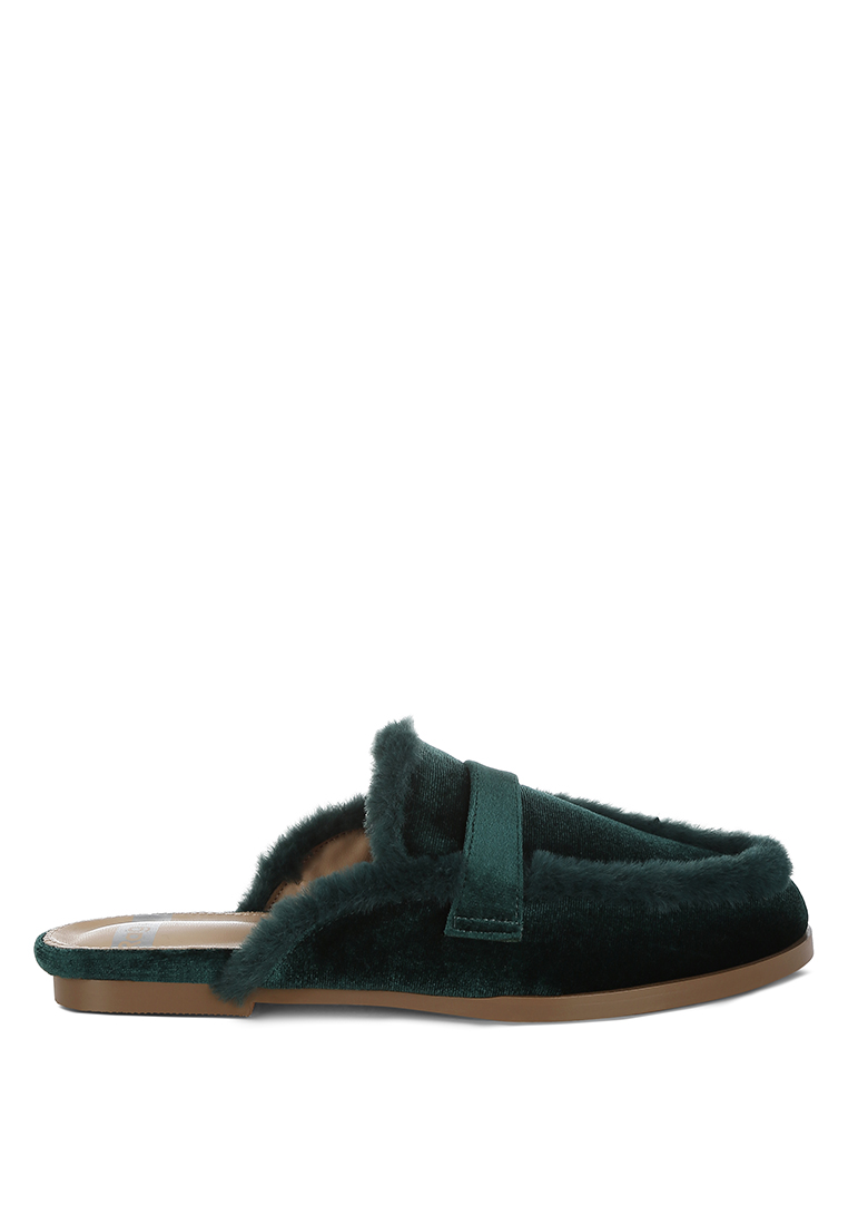 Rag & CO. Fur Detail Velvet Slip-On Mules in Bottle Green