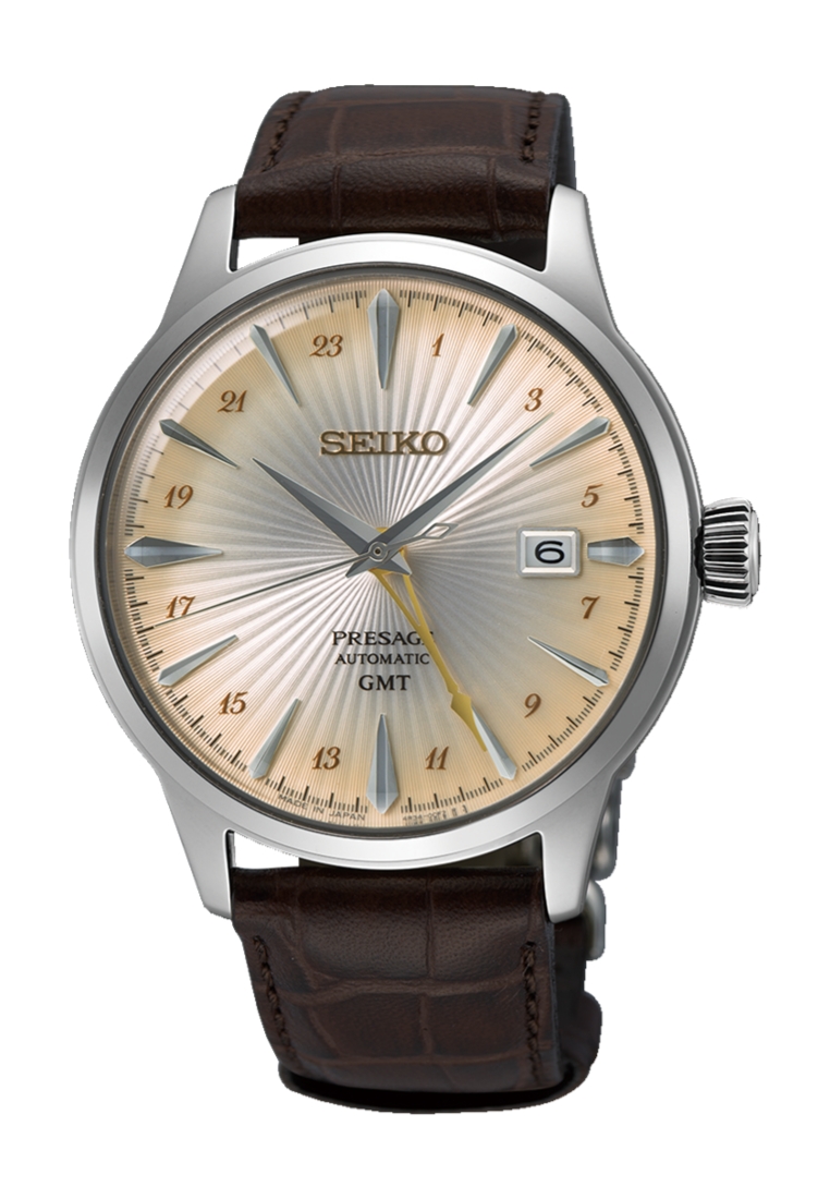 Seiko Seiko Presage ‘Acacia’ Cocktail Time GMT Graduated Yellow Dial Brown Leather Band Automatic Wa