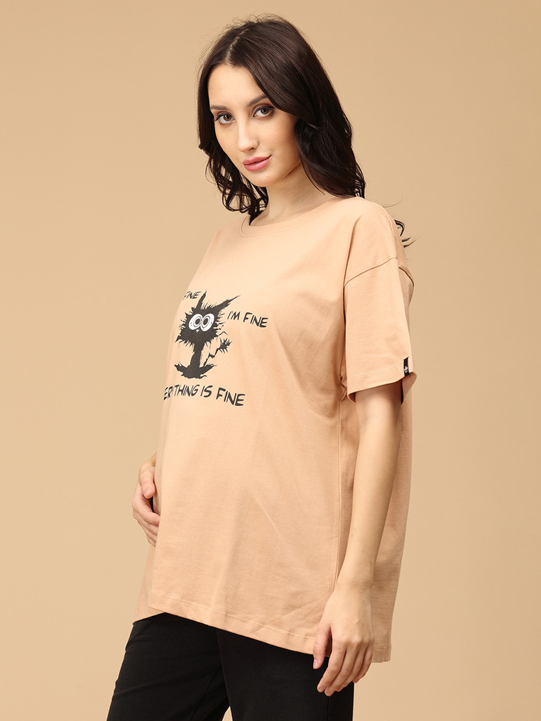 THE MOM STORE I'm Fine Oversized Maternity T-Shirt - Sand